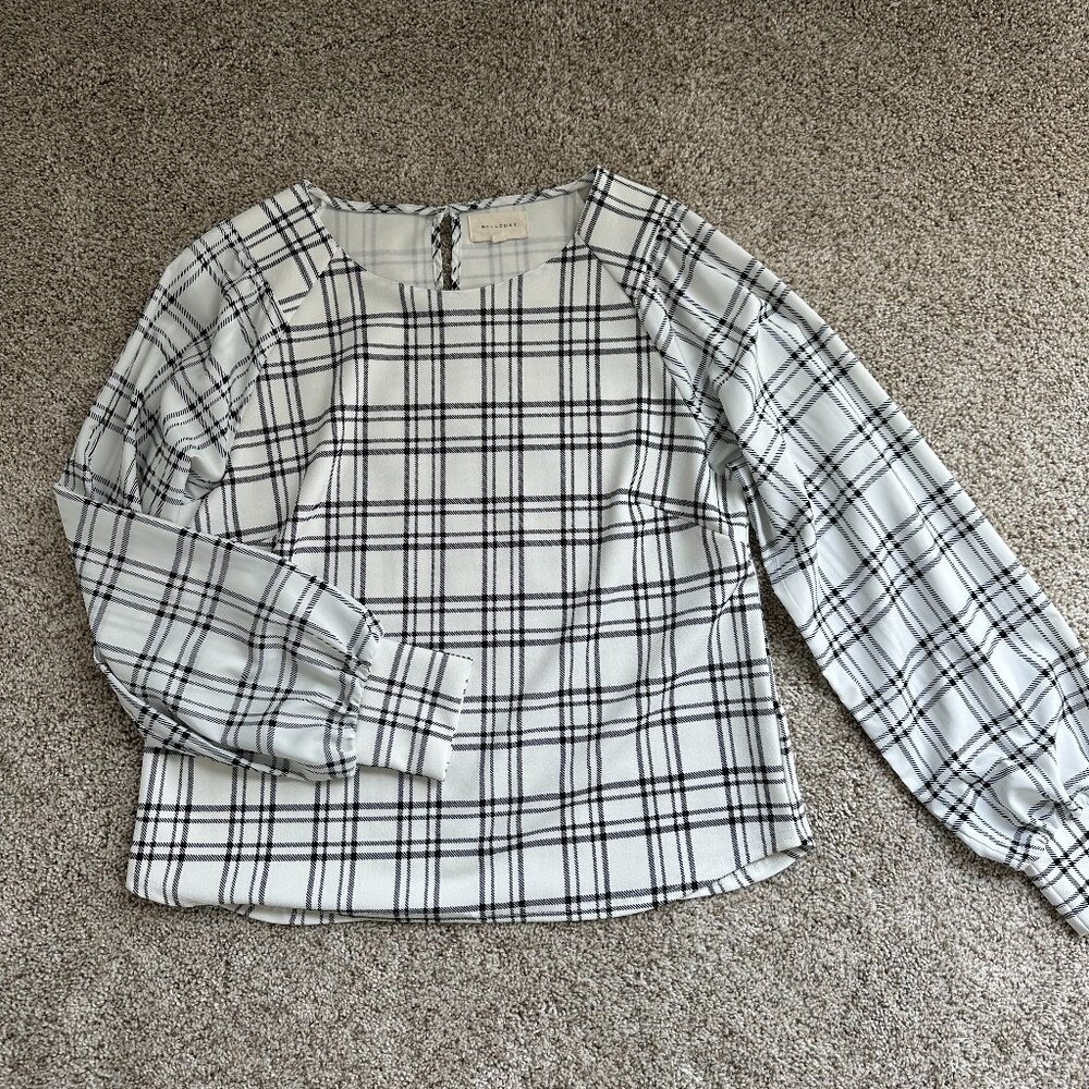 MELLODAY Black and White Plaid Square-Neck Puff Sleeve Blouse